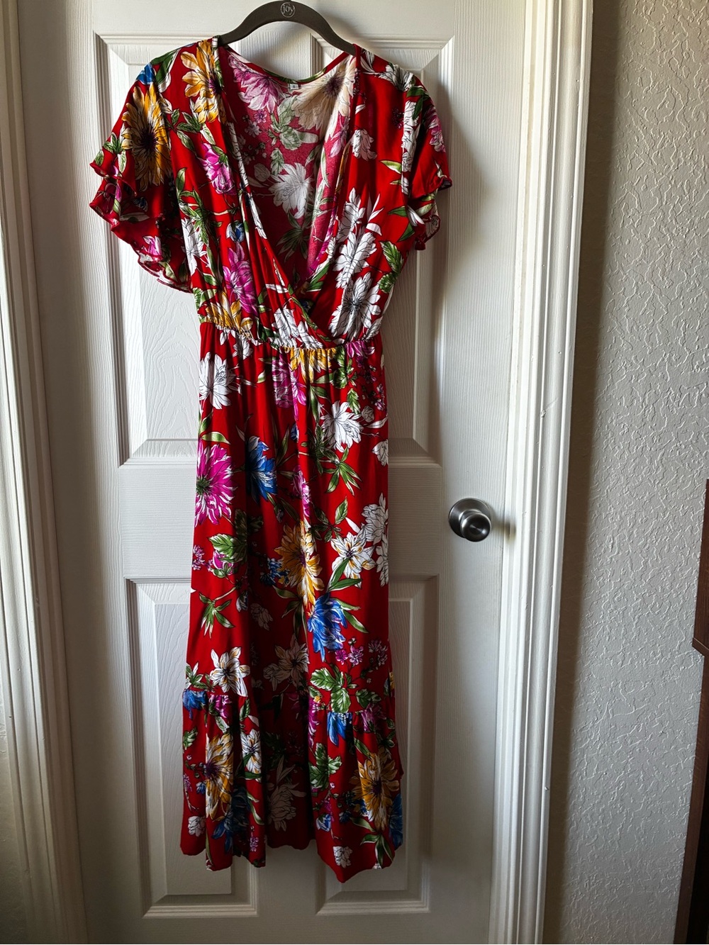 Red Floral Wrap Midi Dress with Ruffle Sleeves